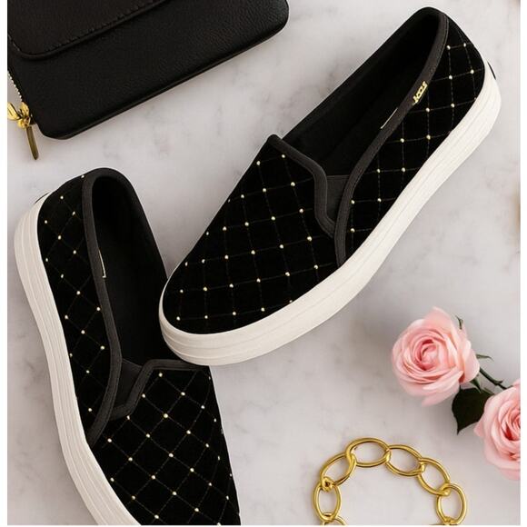 Keds x Kate Spade Double Decker Quilted Velvet Slip-On Black Sneakers Size 8.5 - Picture 1 of 10